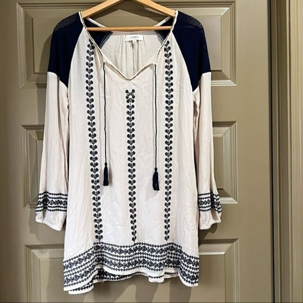 Umgee Embroidered Tunic Top Womens Sz S Boho Flowy Tassel Peasant Cream Navy